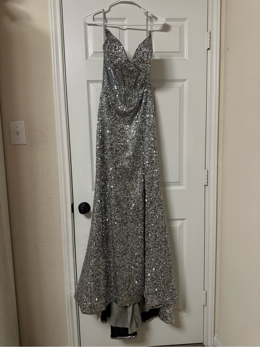Silver Sequin Prom Gown Strapless
